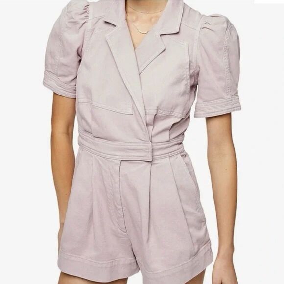 7 For All Mankind Short Sleeve Seamed Twill Romper In Soft Lavender Small - Picture 1 of 11